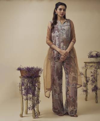 Printed lurex chiffon, crystal detailed top and pant along with embroidered net dupatta 1