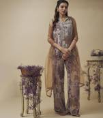Printed lurex chiffon, crystal detailed top and pant along with embroidered net dupatta