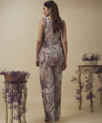 Printed lurex chiffon, crystal detailed top and pant along with embroidered net dupatta 2