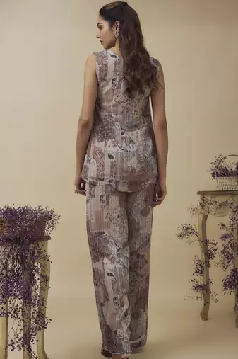Printed lurex chiffon, crystal detailed top and pant along with embroidered net dupatta