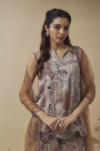 Printed lurex chiffon, crystal detailed top and pant along with embroidered net dupatta