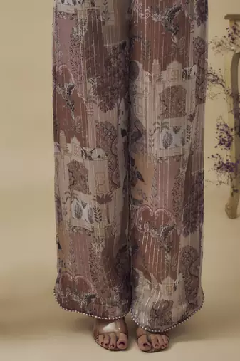 Printed lurex chiffon, crystal detailed top and pant along with embroidered net dupatta