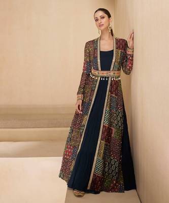 Blue embroidery & sequins work georgette gown suit with jacket- Free Size Stitched(Size upto 42") 1