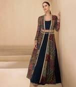 Blue embroidery & sequins work georgette gown suit with jacket- Free Size Stitched(Size upto 42")