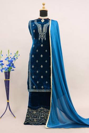 Teal embroidered 9000 velvet semi stitched salwar suit (Without Potibag)