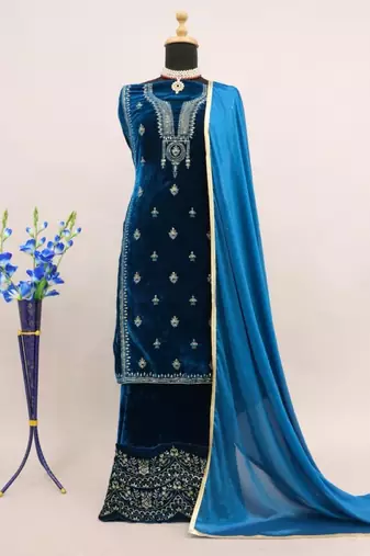 Teal embroidered 9000 velvet semi stitched salwar suit (Without Potibag)
