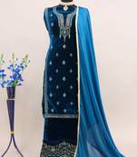 Teal embroidered 9000 velvet semi stitched salwar suit (Without Potibag)