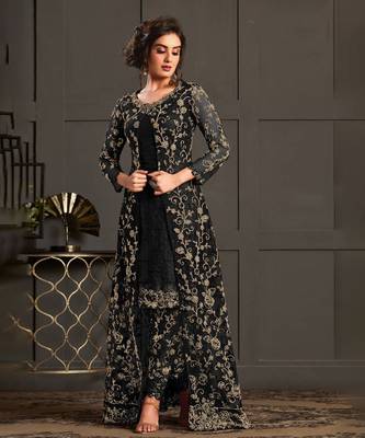 Veega Fashion's Net Gold Sequin Embroidered Black Pakistani Salwar Suit 1