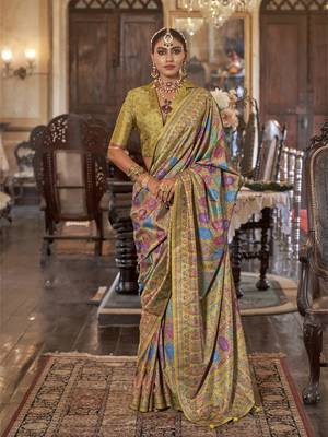 husk yellow poly viscose silk floral pashmina saree 1