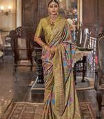 husk yellow poly viscose silk floral pashmina saree