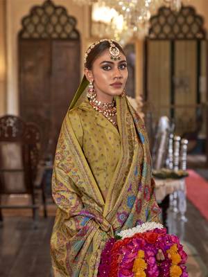 husk yellow poly viscose silk floral pashmina saree 2