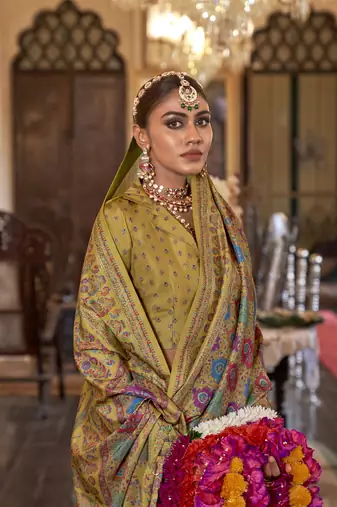 husk yellow poly viscose silk floral pashmina saree