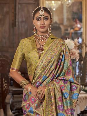 husk yellow poly viscose silk floral pashmina saree 3