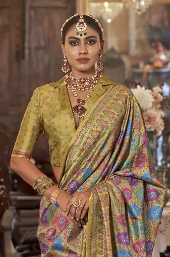 husk yellow poly viscose silk floral pashmina saree