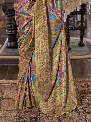 husk yellow poly viscose silk floral pashmina saree 4