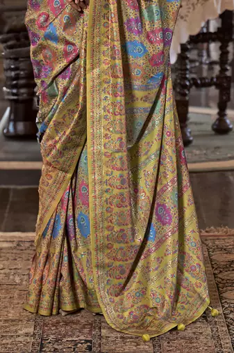 husk yellow poly viscose silk floral pashmina saree