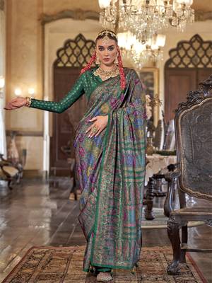 green poly viscose silk floral pashmina saree 1