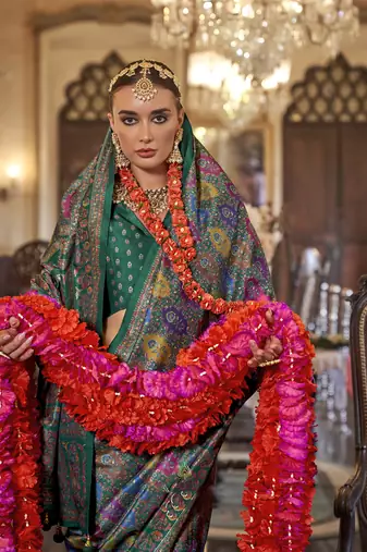 green poly viscose silk floral pashmina saree