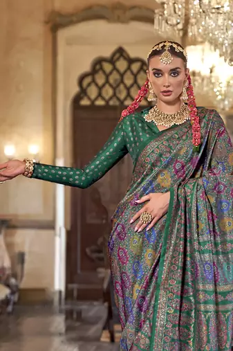green poly viscose silk floral pashmina saree
