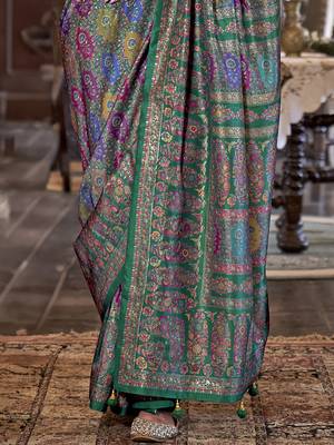 green poly viscose silk floral pashmina saree 4