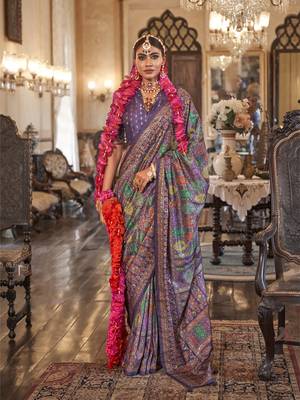 dark purple poly viscose silk floral pashmina saree 1