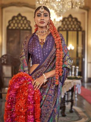 dark purple poly viscose silk floral pashmina saree 2