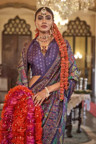 dark purple poly viscose silk floral pashmina saree