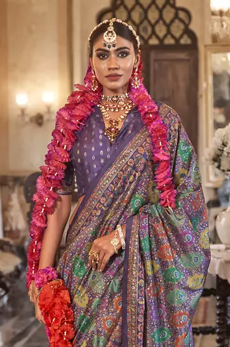 dark purple poly viscose silk floral pashmina saree