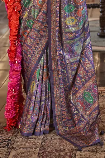 dark purple poly viscose silk floral pashmina saree