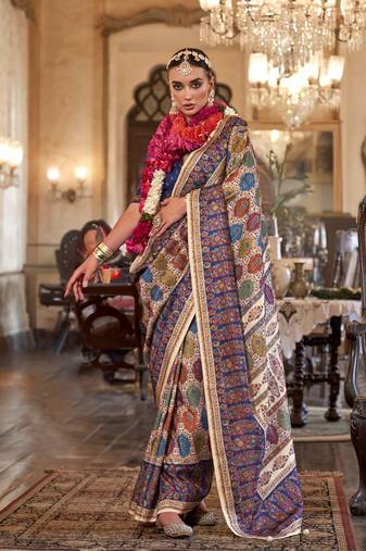 beige poly viscose silk floral pashmina saree