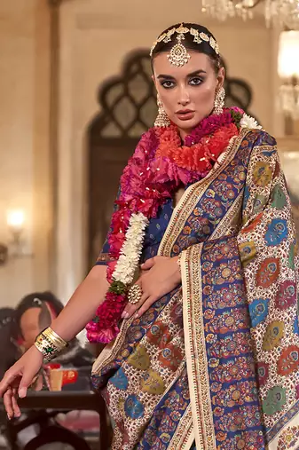 beige poly viscose silk floral pashmina saree