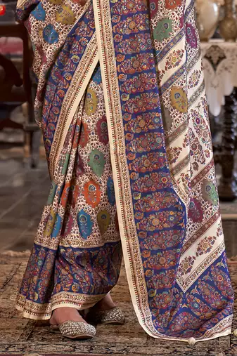 beige poly viscose silk floral pashmina saree