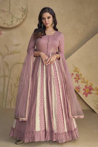 Onion pink real georgette embroidered anarkali suit