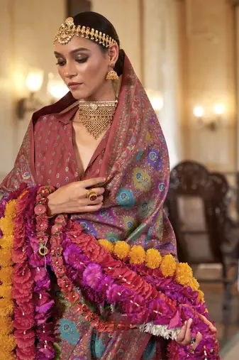 maroon poly viscose silk floral pashmina saree