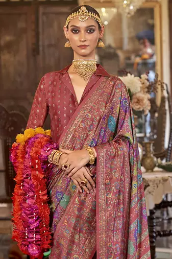 maroon poly viscose silk floral pashmina saree