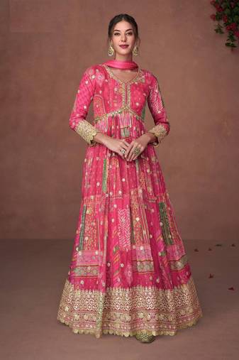 Pink embroidered organza anarkali salwar suit