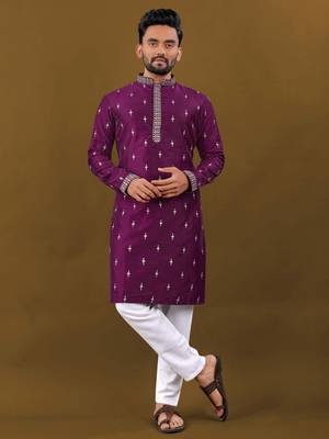 Purple matka silk silver jari and embroidered buti men's kurta with pyjama 1