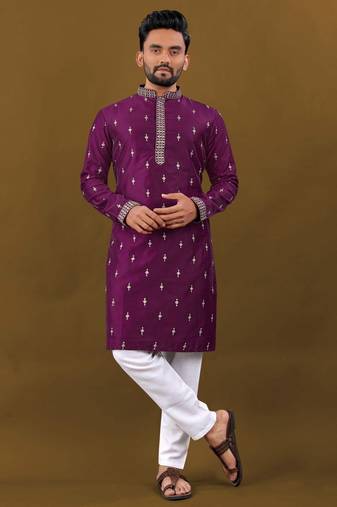 Purple matka silk silver jari and embroidered buti men's kurta with pyjama