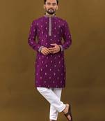 Purple matka silk silver jari and embroidered buti men's kurta with pyjama