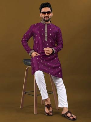 Purple matka silk silver jari and embroidered buti men's kurta with pyjama 2