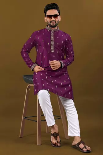 Purple matka silk silver jari and embroidered buti men's kurta with pyjama
