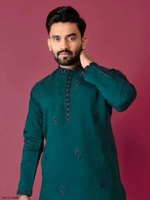 Green silk blend moti hand work men's kurta with pyjama 2