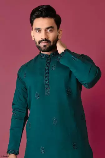 Green silk blend moti hand work men's kurta with pyjama
