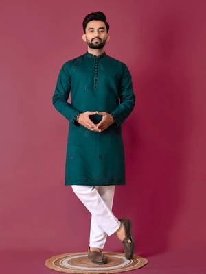 Green silk blend moti hand work men's kurta with pyjama 1