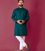 Green silk blend moti hand work men's kurta with pyjama