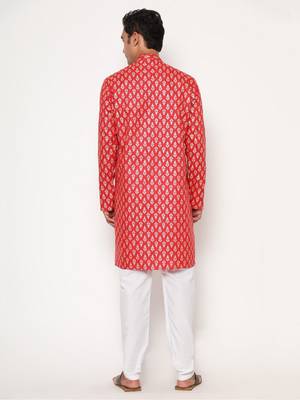 Red silk blend golden zari woven motifs men's kurta with pyjama 2