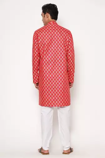 Red silk blend golden zari woven motifs men's kurta with pyjama