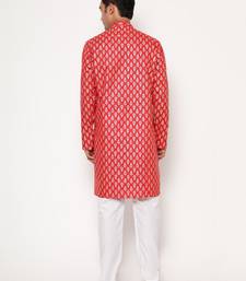 Red silk blend golden zari woven motifs men's kurta with pyjama