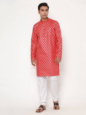 Red silk blend golden zari woven motifs men's kurta with pyjama 1