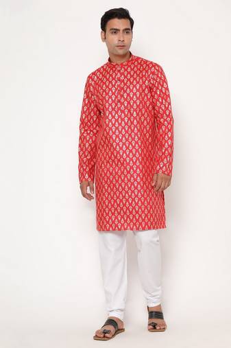 Red silk blend golden zari woven motifs men's kurta with pyjama